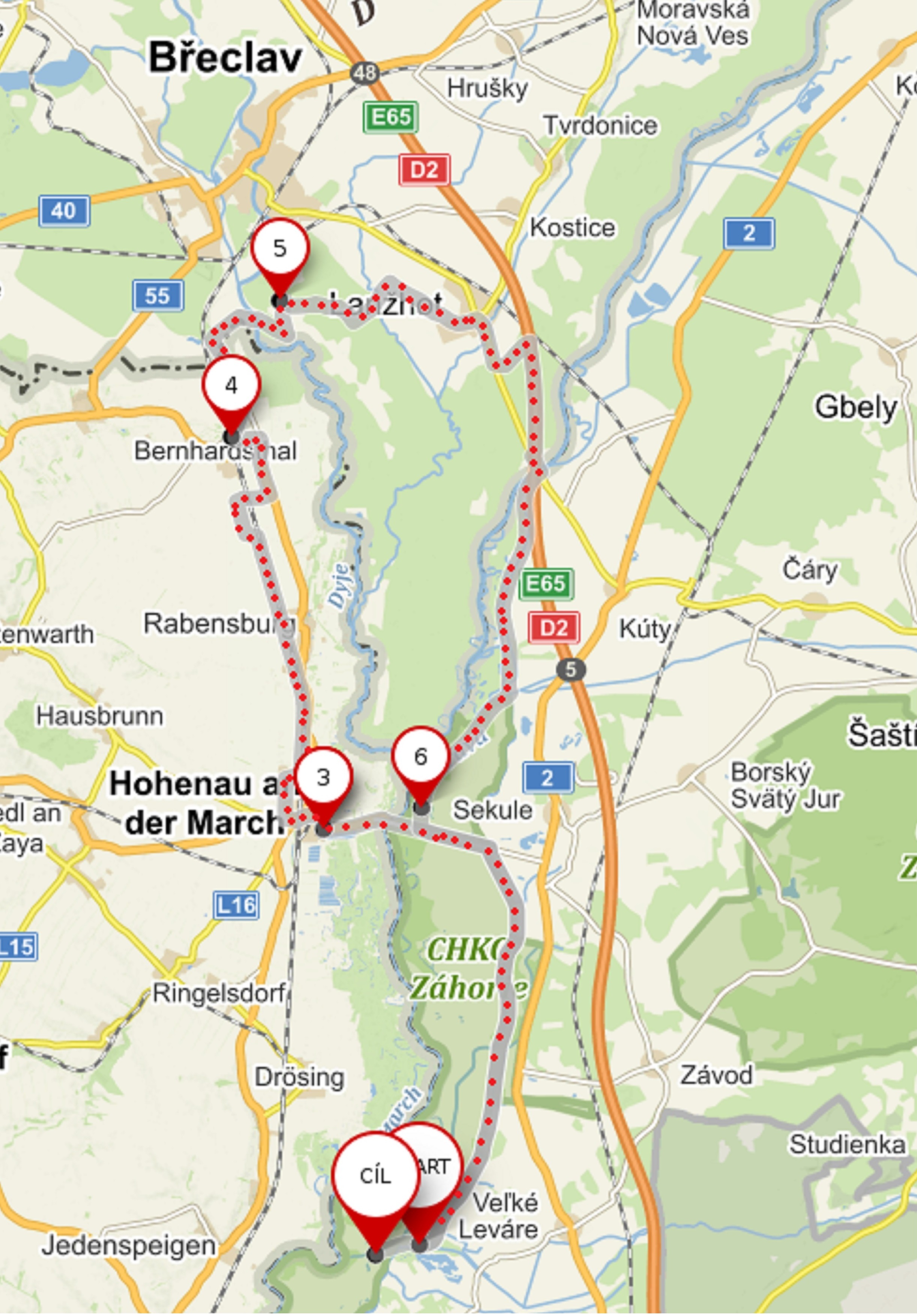 Karte der Radroute Malé Leváre – Hohenau – Pohansko